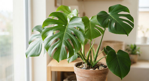A close look at green monstera leaves
